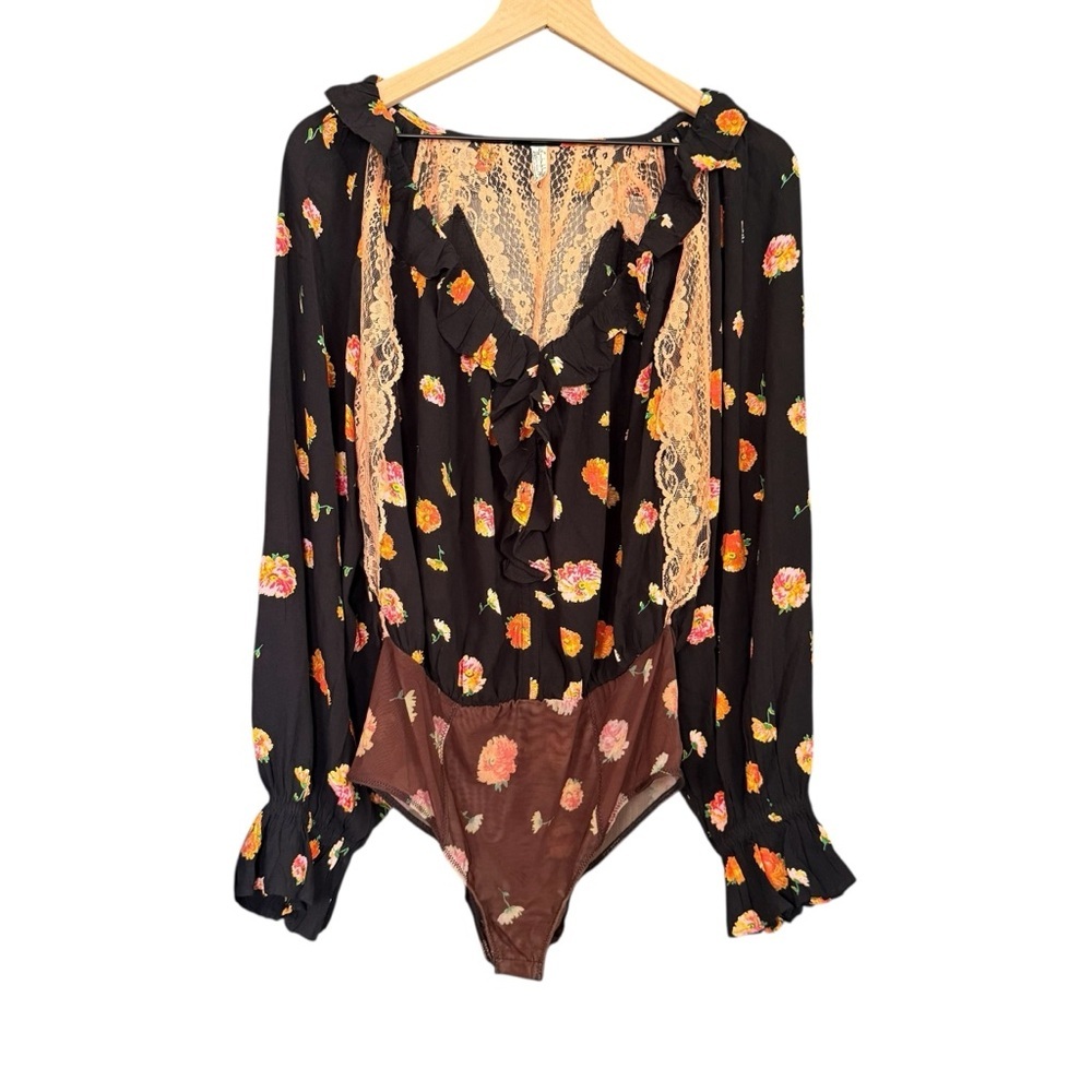 Free People Floral Ruffle Bodysuit with Lace Detail